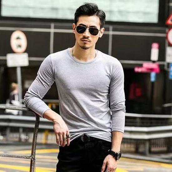 Men's Slim Fit Long-Sleeve Round Neck T-Shirt - Solid Color Autumn Top