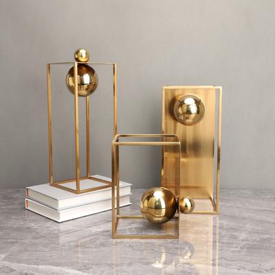 Metal Crafts Geometric Boxes Gold Frame Spherical Abstract Sculpture Metal Decorative Figurines Home Decoration Accessories