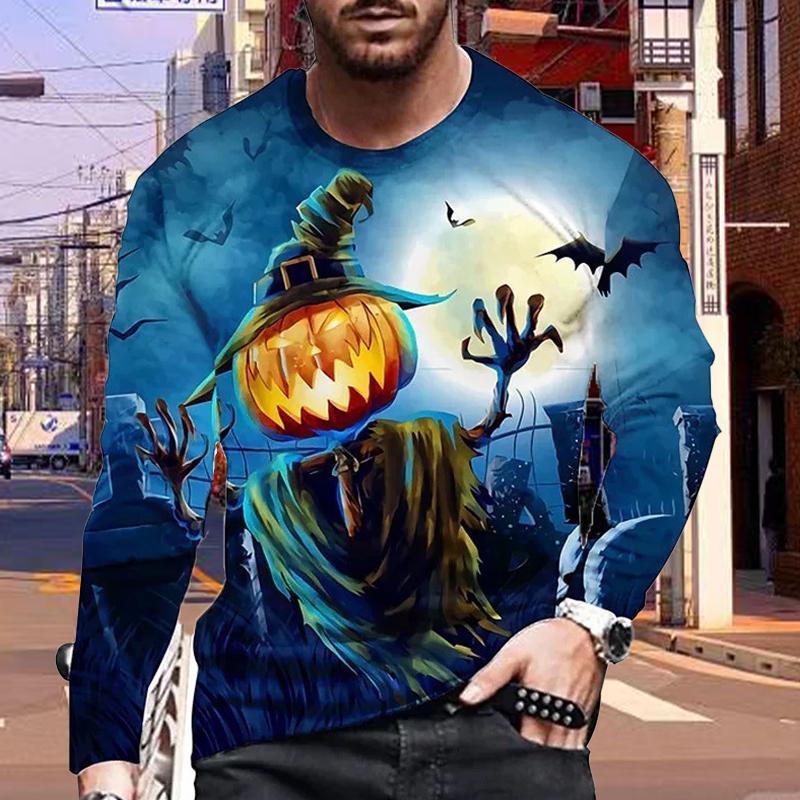New 3D Pumpkin Puppet Print Mens Tshirts Long Sleeve Tees Round Neck Casual Pullover Mens Clothing Plus Size