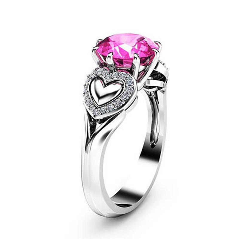 Ebay Fashion And Popular Love Shape Pink Zircon Crystal Micro-Set Ring Platinum Plated Ring Jewelry