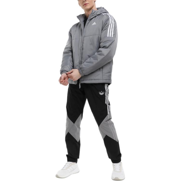 adidas Jachetă cu glugă izolată Essentials cu imprimeu logo, cu fermoar, cu mâneci lungi, jachetă pentru bărbați, gri IK5684