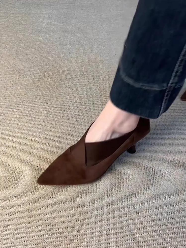 Zamszowe buty na wysokim obcasie z elastycznym wycięciem, wsuwane, z wycięciem w kształcie litery V, damskie, nowe na jesień i zimę 2025, wszechstronne, do pracy, szpiczaste