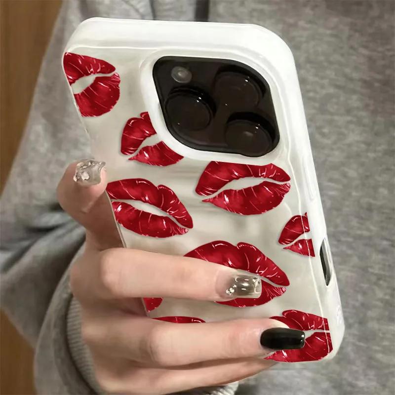 Red Lip Print Mobile Silicone Phone Case ForiPhone 17 16 15 14 13 12 Pro Max Plus 17 11 Air Texture Shockproof Soft Cover