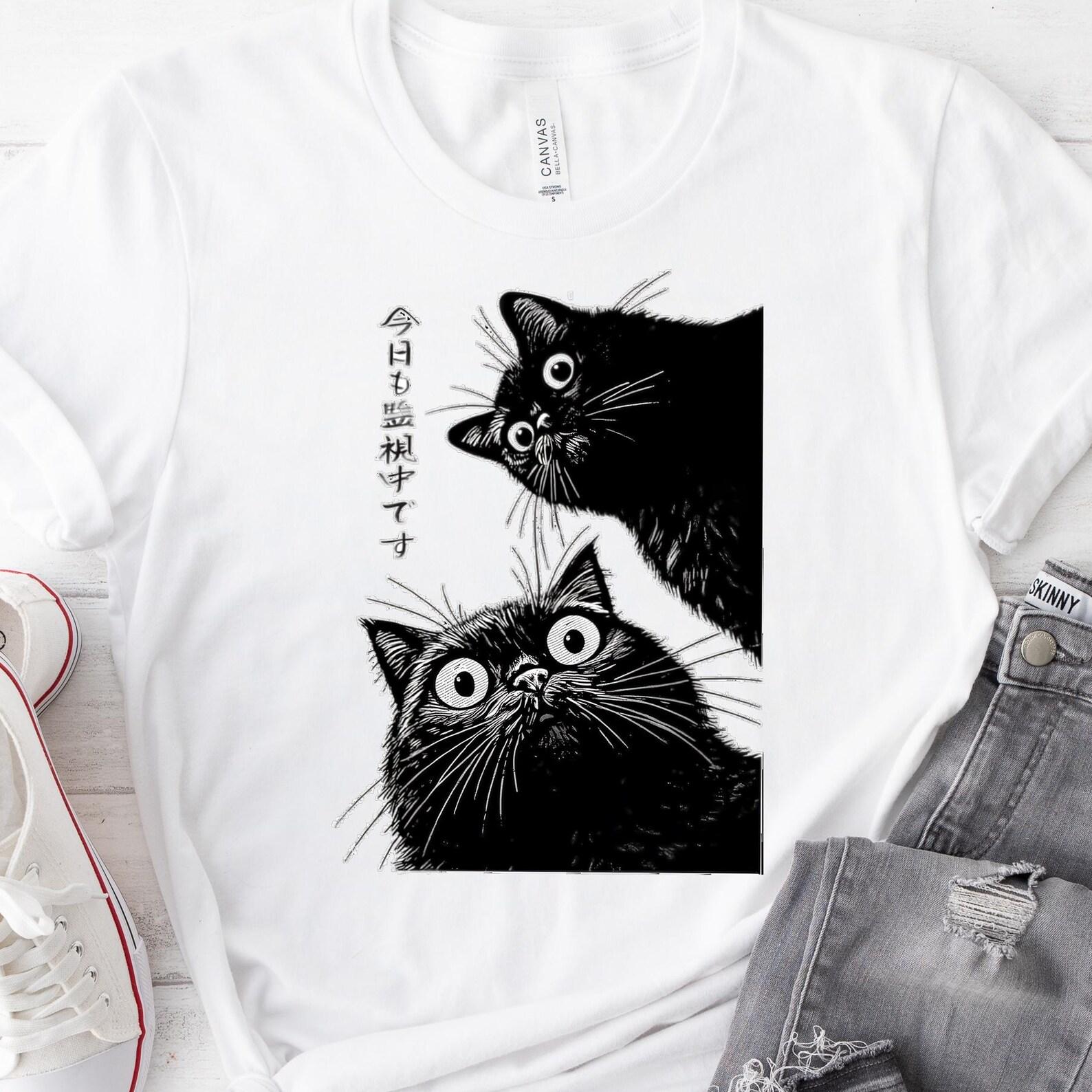 Japanese Black Cat Illustration Shirt | Gothic Kawaii Cat Graphic | Manga Style Cat Art | Spooky Cute Cat Tee | Cat Lover Gift 4XL