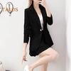2Pcs/Set Coat Skirt Set Women Spring Autumn Lapel Long Sleeve Single Button Suit Coat Pleated Mini Skirt Set Solid Color Set