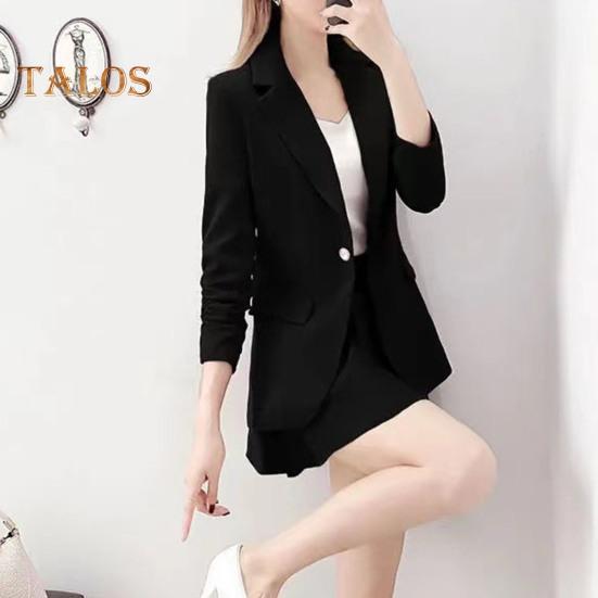 2Pcs/Set Coat Skirt Set Women Spring Autumn Lapel Long Sleeve Single Button Suit Coat Pleated Mini Skirt Set Solid Color Set