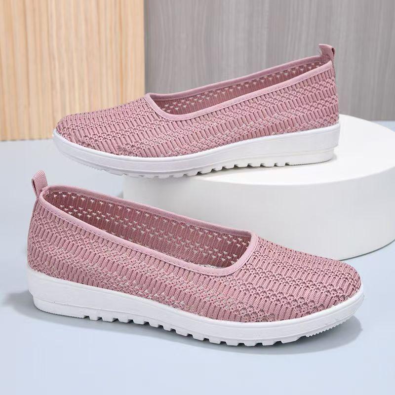 Summer New Women's Flat Sole Mesh Casual Shoe Soft Sole Non Slip Shallow Slip On Lightweight Breathable Round Toe Walking Shoes