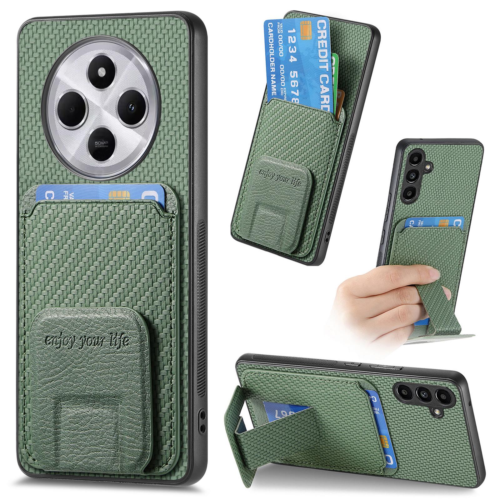 

Phone Case For Xiaomi Redmi 14C 4G/14R 5G/Poco C75 4G Carbon Fiber Texture Leather Coated TPU Back Cover with Card Holder Green