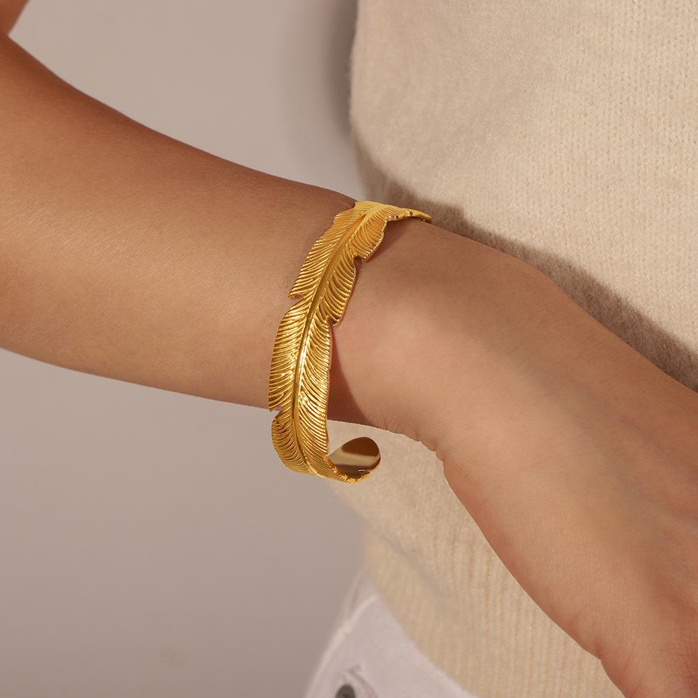 18K Gold Titanium Steel Feather Open Cuff Bracelet - Stylish Wide Design for Couples