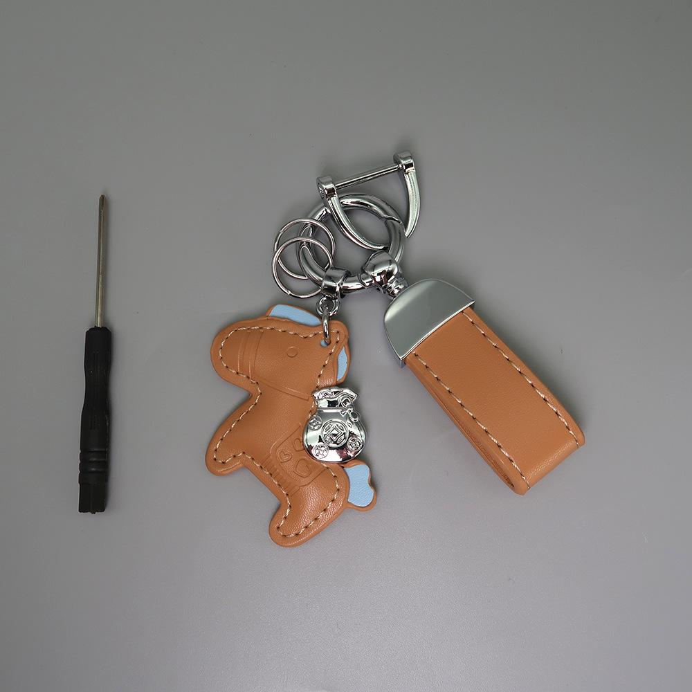 Instant Wealth Leather Keychain with Cartoon Pony Pendant for Couples – Trendy Bag and Car Accessory