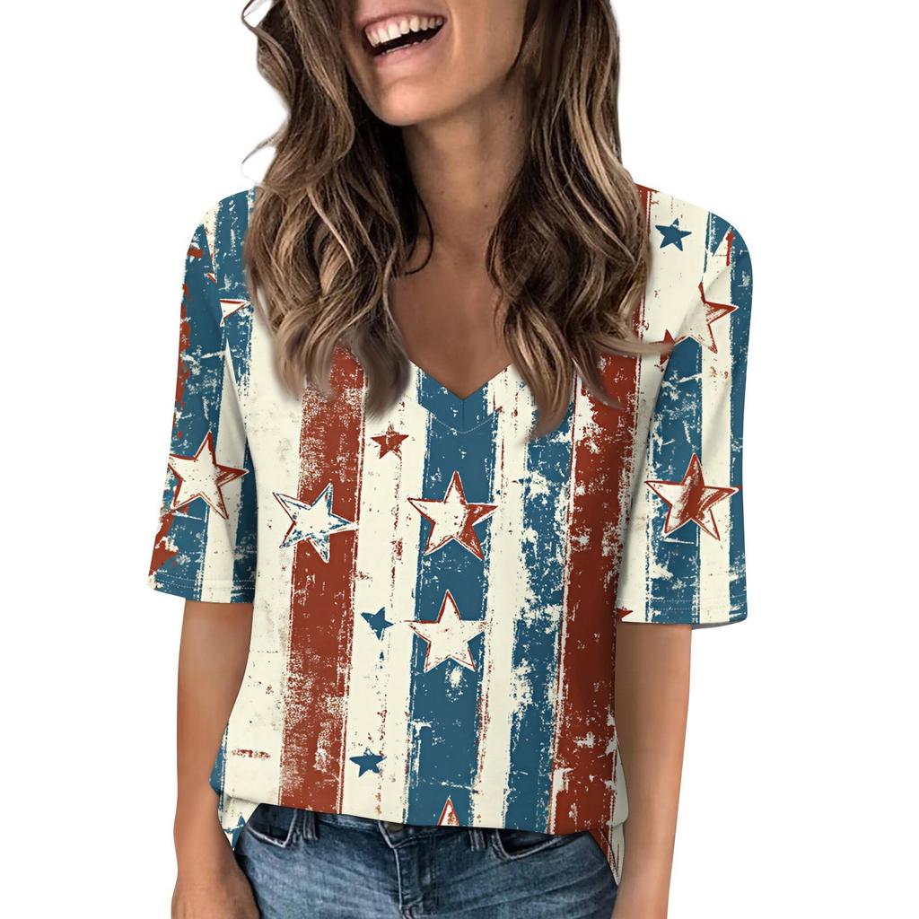 Women's V Neck T Shirts Half Sleeve Tops Printed Casual Summer Tees T Shirt Blouse