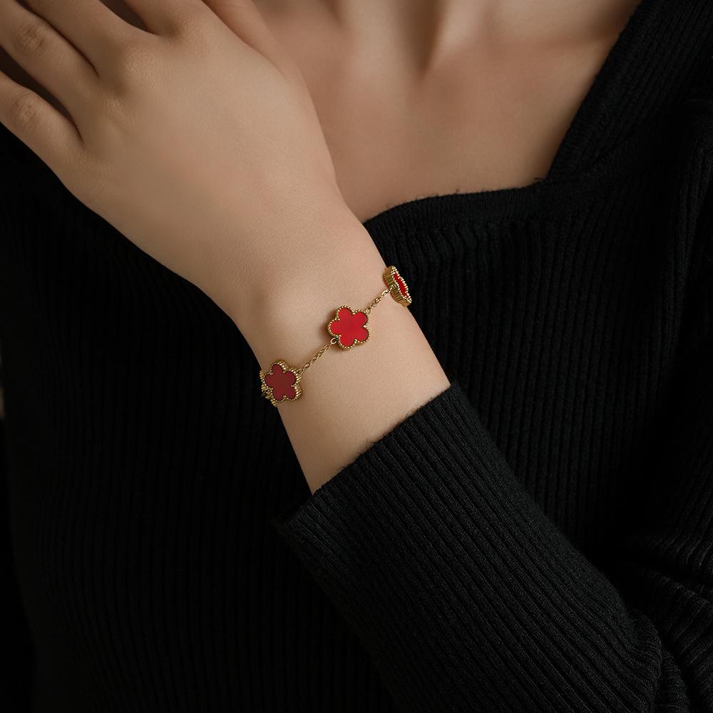 IFYOUOO Edelstahl Armband Doppelseitige Armbänder Fünfblättrige Blütenblätter Blume Vergoldtes Kleeblatt Damen Mode Schmuck