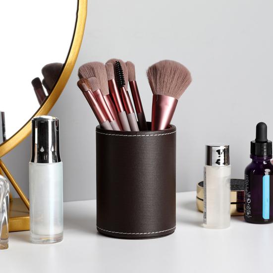 Pen Container Large Capacity Wear Resistant Smooth Edge Simple Style Compact Size Save Space Faux Leather Round Pen Holder Desktop Stationery Storage