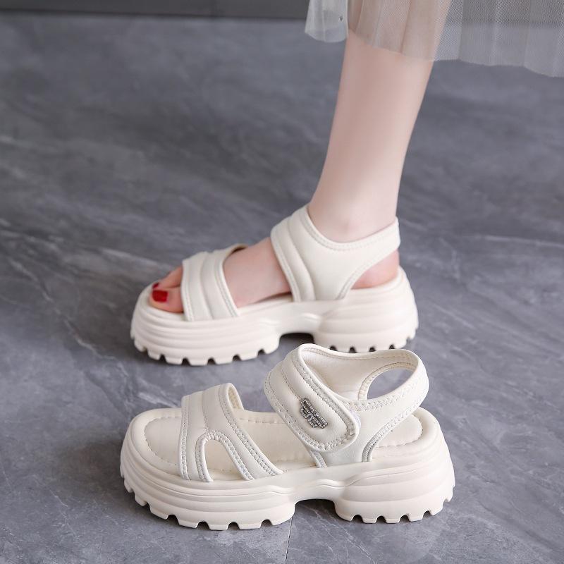 Soft leather sandals women 2025 summer new middle heel Velcro versatile platform fairy style with skirt Roman slippers
