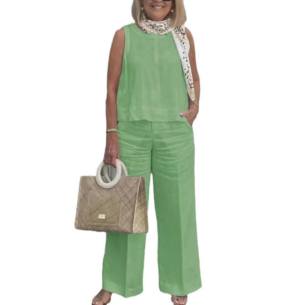 Women's Summer Casual Sleeveless Round Neck Top and Wide Leg Pants Set In Multiple Colors