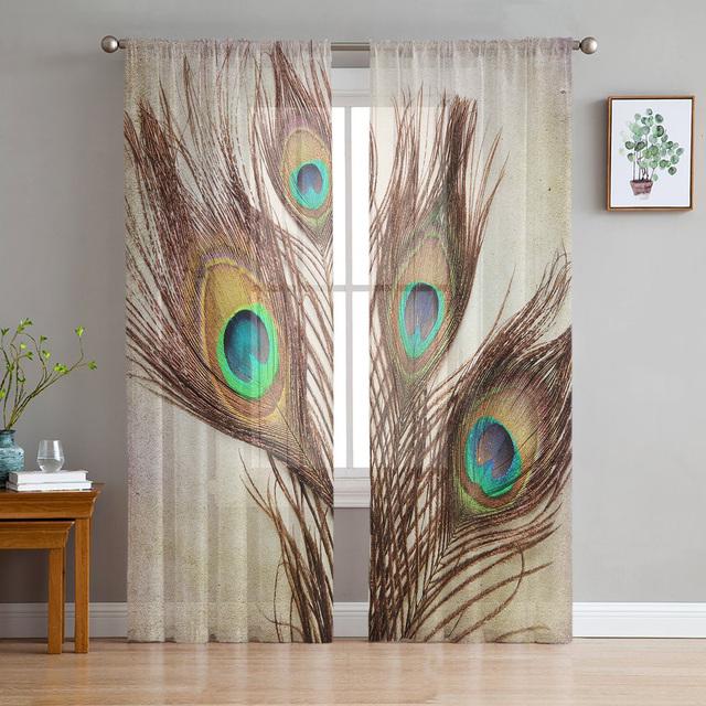 Elegant White Peacock Feather Tulle Curtains For Living Room Bedroom Kitchen Window Decor Sheer Voile