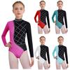 Girls Metallic Gymnastics Bodysuit Long Sleeve Rhinestone Color Block Leotard Competition Dancewear