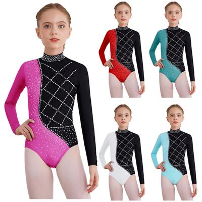 Flickors Metallisk Gymnastikdräkt Långärmad Strass Färgblock Leotard Tävlingsdanskläder