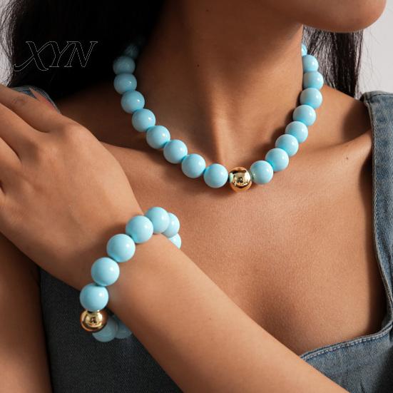 Beads Bracelet Beaded Jewelry for Women, Acrylic Big Choker Necklace Necklace, Round Stretch Bracelet, Summer Retro Accessory Adjustable