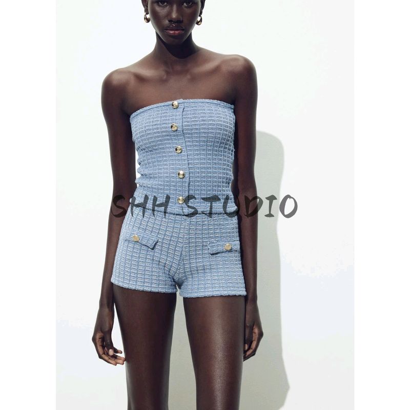 Knitting Suit Fashion Two-Piece Suit Texture Tube Top Stretch Tops 5063344 High Waist Shorts 5063345