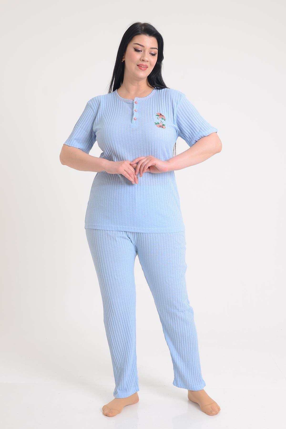 

Женский стиль, пижамный комплект больших размеров, синий пижамный комплект большого размера с коротким рукавом и вышивкой L