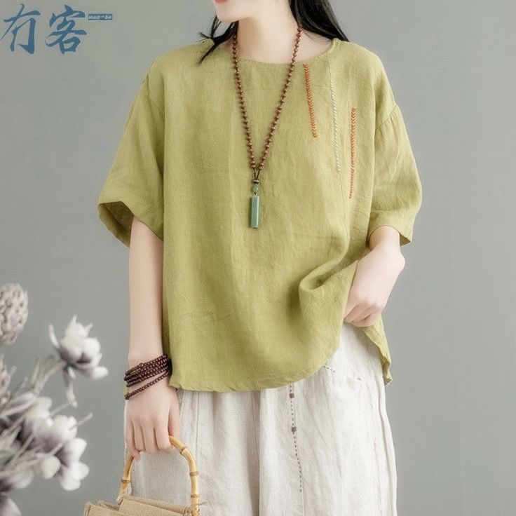 Plus Size M-3XL Women T-shirt Summer Short-sleeved Blouse O Neck Loose Fashion Vintage Embroidered National Style  Female Tops