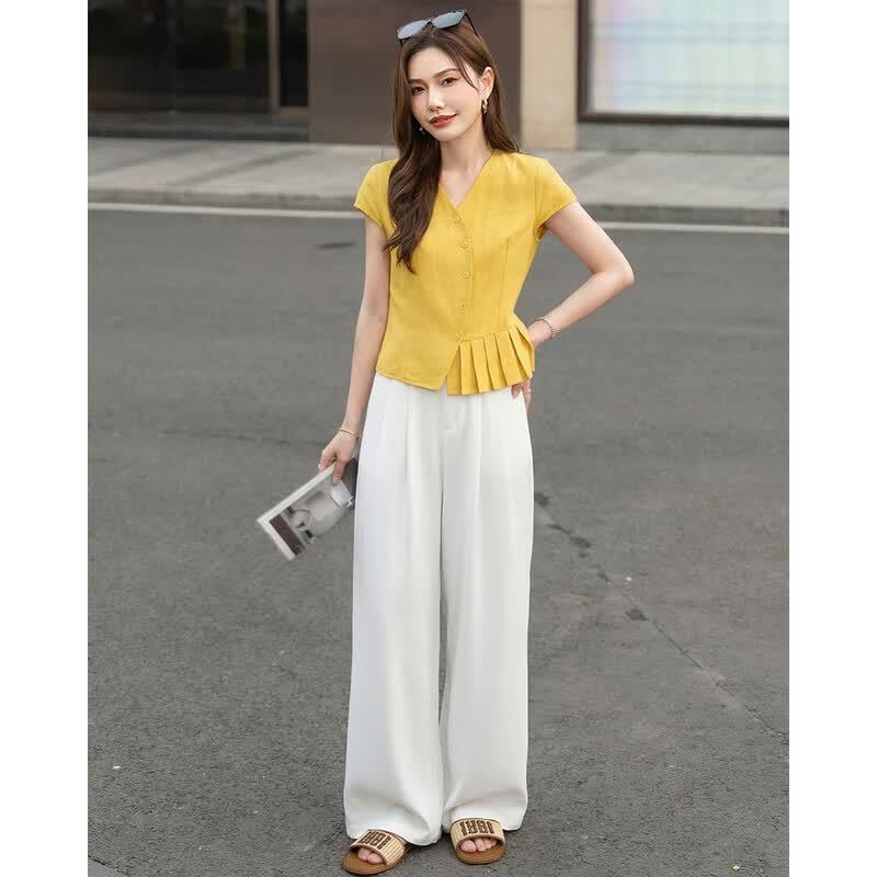 TERRE BLEUE Women's Summer V-Neck Shirt & Wide-Leg Pants Set