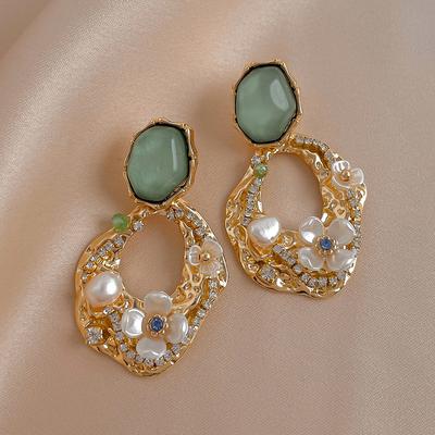Silver Needle Retro Imitation Pearl Rhinestone Flower Geometric Stud Earrings French Elegant Earrings