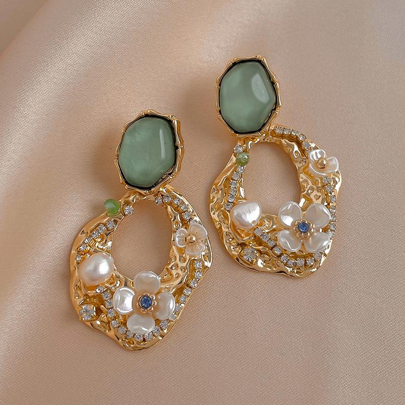 Silver Needle Retro Imitation Pearl Rhinestone Flower Geometric Stud Earrings French Elegant Earrings