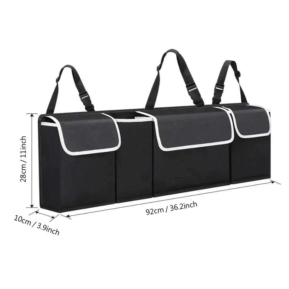 Collapsible Car Back Seat Trunk Organizer 600D Oxford, 4 Large Pockets Waterproof Rear Seat Storage Bag with Adjustable Straps for SUV Truck Van