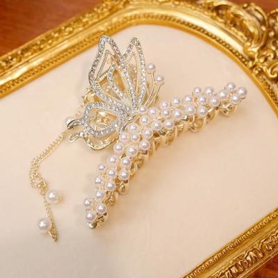 1pc Gold Alloy Pearl Inlaid Butterfly Tassel Shark Clip, Elegant Large Strong Grip Plate Hair Clip Temperament Hair Grab