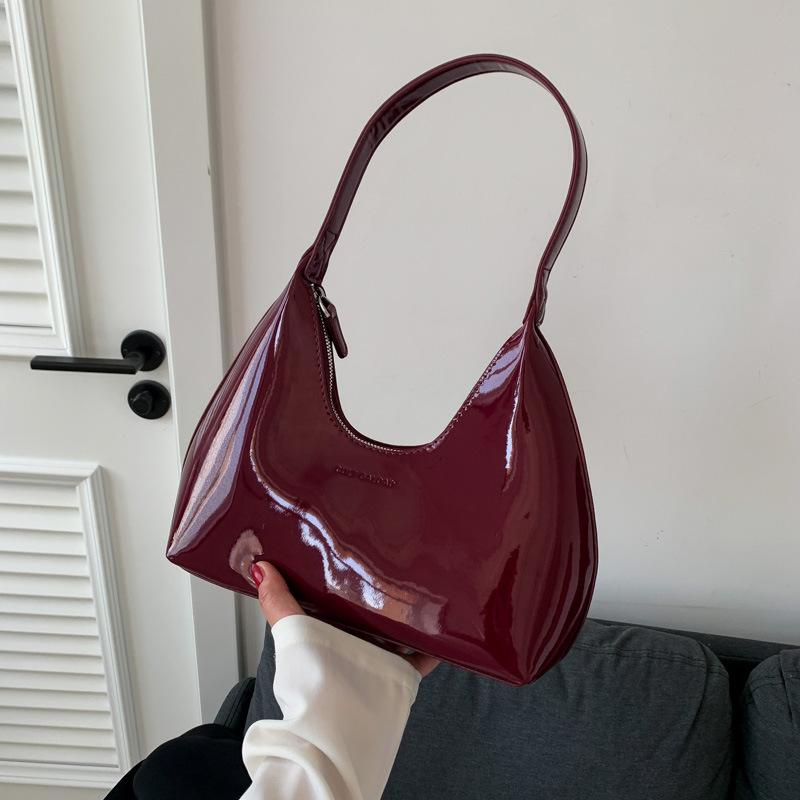1pc Underarm Patent Leather Women's Bag Bordeaux Red Large Capacity Tote Versatile Women's Shoulder Bag