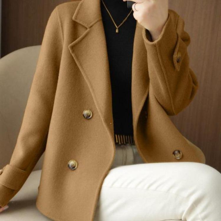 Women Double Breasted Woolen Coat Fall Winter Long Sleeve Thickened Warm Loose Lapel Solid Color Formal Business Style
