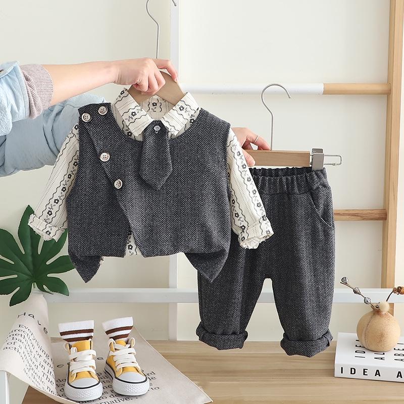 

3 шт./компл. Новая весенне-осенняя одежда для маленьких мальчиков, костюм, детский жилет, рубашка с длинным рукавом, брюки, детская одежда, повседневный костюм для младенца 120 темно серый
