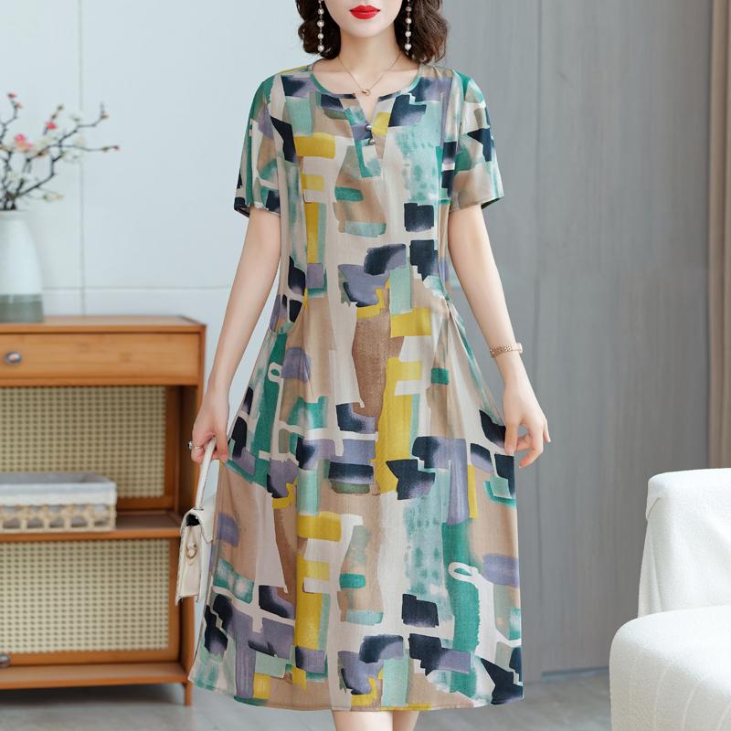 Elegante Damen-Sommerkleider Übergröße Lässig Print Kurzarm Langkleid