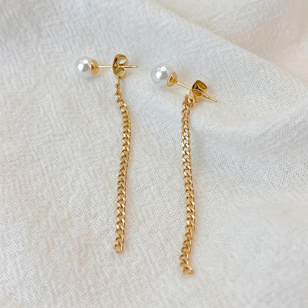 EManco Imitation Pearl Pendant Earrings Stainless Steel Cuban Chain Tassel Women's Engagement Office/Career Minimalist Jewelry