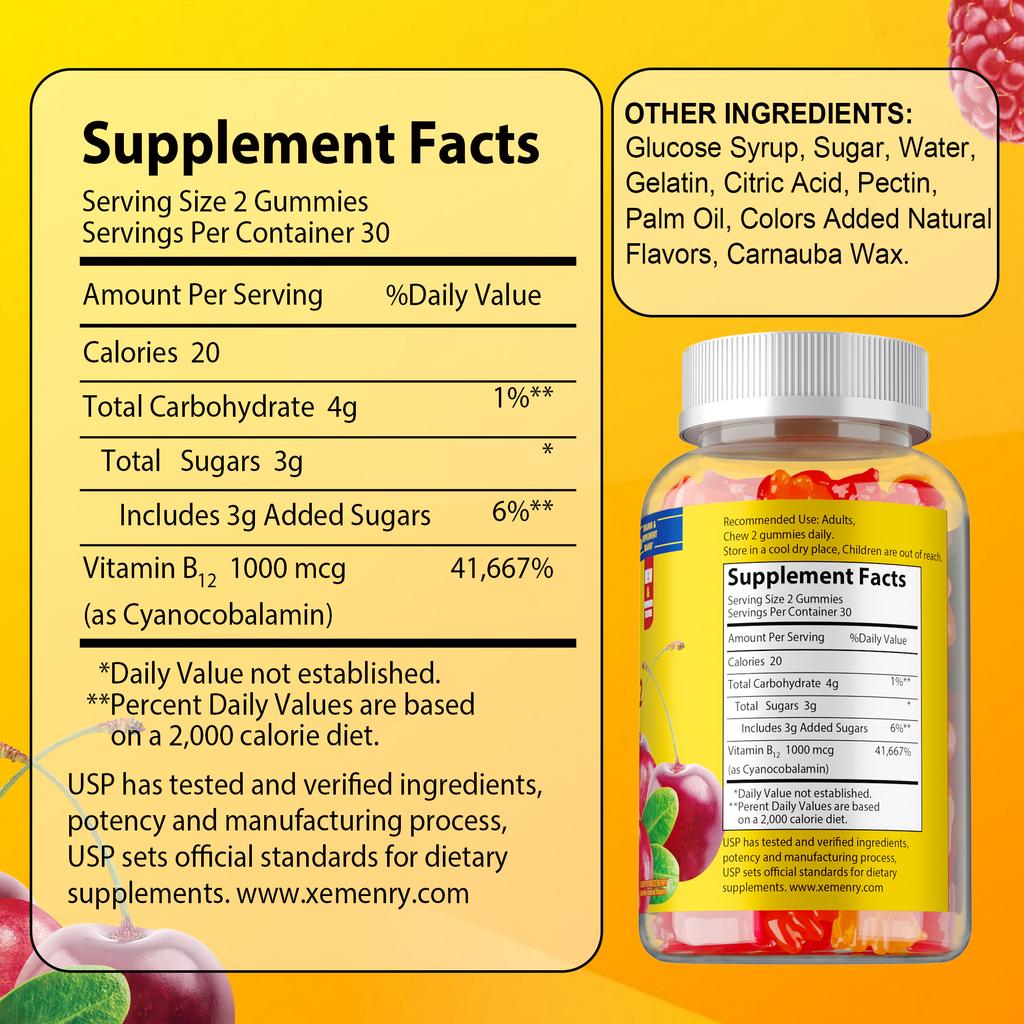 Vitamin B12 gummies, rich in vitamin B12 extract, each serving contains 1000 micrograms, suitable for adults.