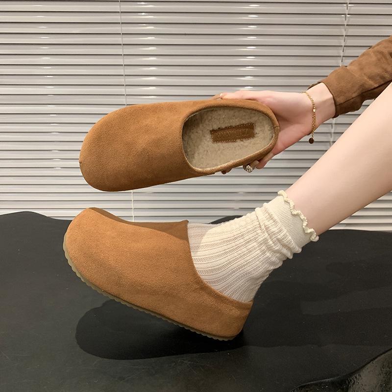 Birkenstock slippers women's outerwear 2025 autumn lazy one-pedal cotton slippers thick-soled casual bag head velvet half slippers