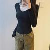 2024 Women's Slim V-Neck Long-Sleeve Top: Versatile, Straight Shoulder for Autumn/Winter.