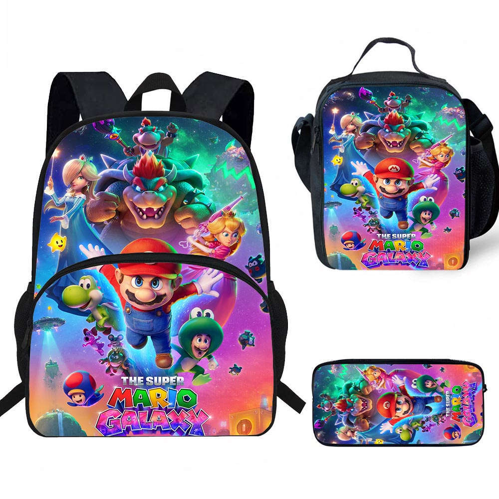 Zaino Cartone Animato di Mario, Borsa Pranzo e Astuccio—Nuovo Set Cancelleria, Adatto per le Classi 3–6
