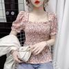 Japanese Style Floral Square Neck Chiffon Pullover Top for Women