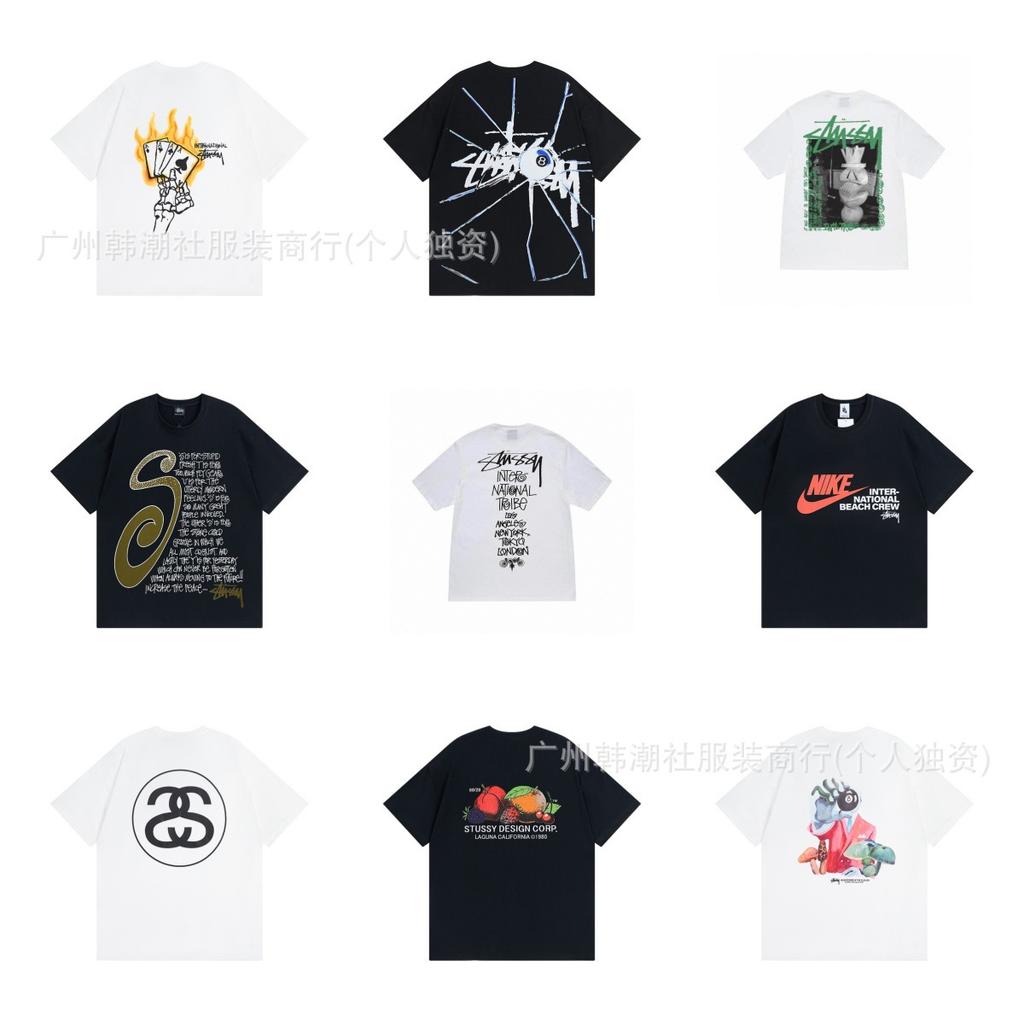 [2] American trendy brand short-sleeved t-shirt black and white collection printed short-sleeved t-shirt casual couple men and women of the same style