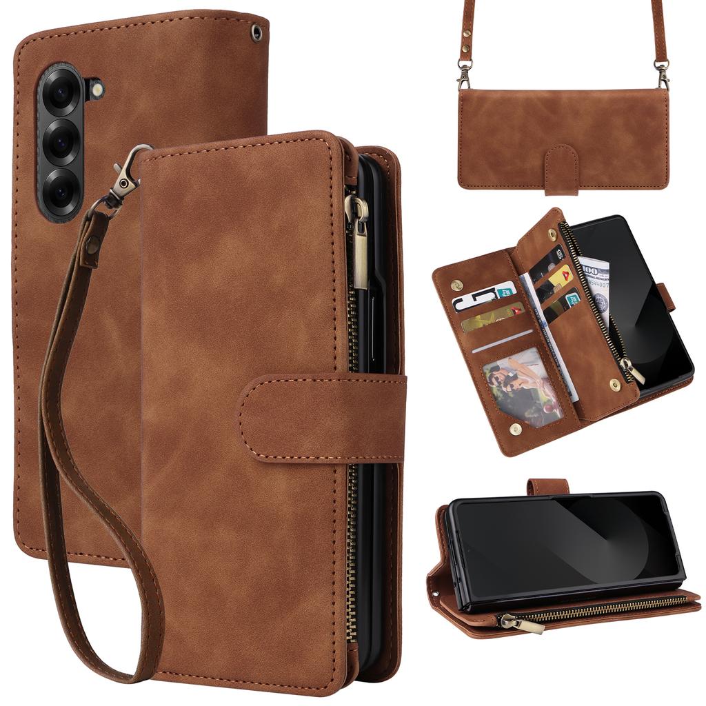 For Samsung Galaxy Z Fold6 5G Case Zipper Multi-Pocket Wallet Leather Phone Cover with Shoulder and Wrist Straps