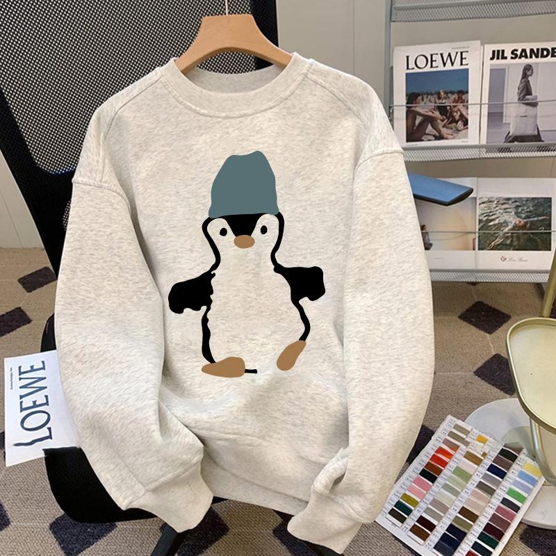 Autumn and winter retro high street Hong Kong style printing women's 2025 new velvet thickened versatile crew neck loose sweater men