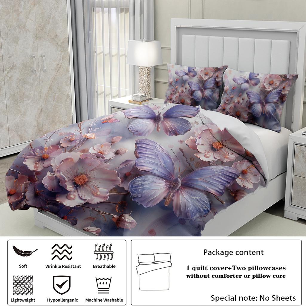 3pcs 3D Floral and Butterfly Pattern Bedding Set, 1 Duvet Cover+2 Pillowcases, Soft and Fashionable Home Decoration for Bedroom