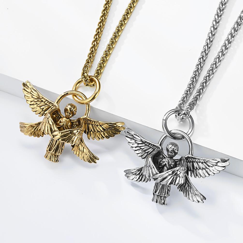 2026 Literary and Retro Seraph Titanium Steel Necklace Prayer Guardian Angel Body Pendant