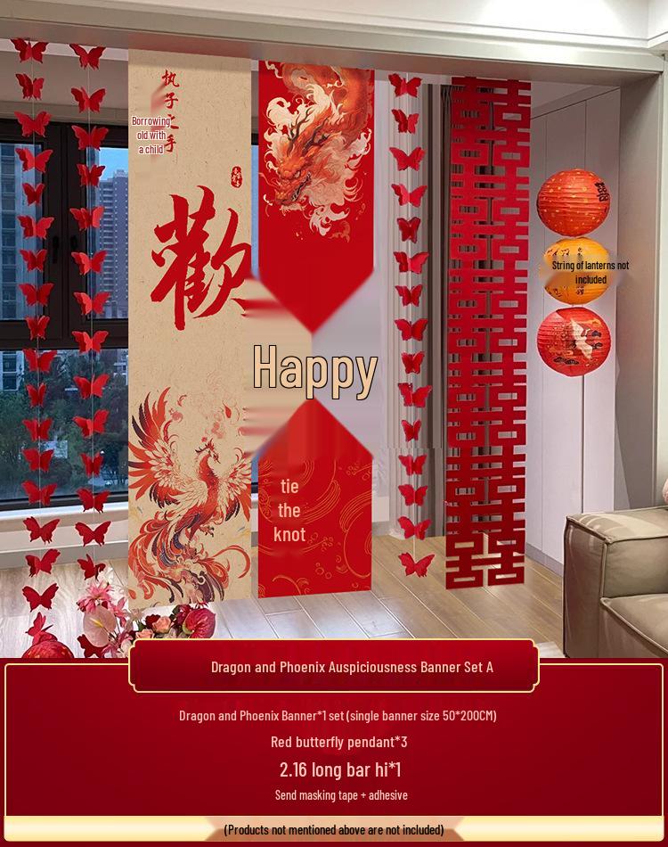 Double Happiness Wedding Room Cloth Banner Set for Ceremony and Hotel Décor