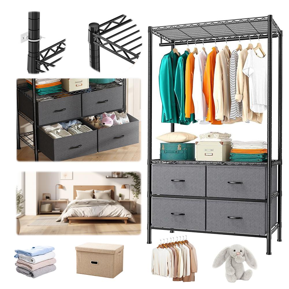 Metal Clothing Rack with 4 Large Fabric Drawers Heavy Duty Garment Rack Adjustable Shelves Portable Closet for Bedroom