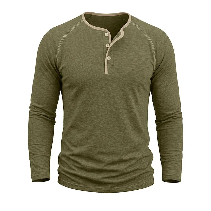 Spring Autumn Men's Cotton Henry Collar T-Shirts American Style Fashion Smart Casual Tees Tops Men Patchwork Breathable Tshirt