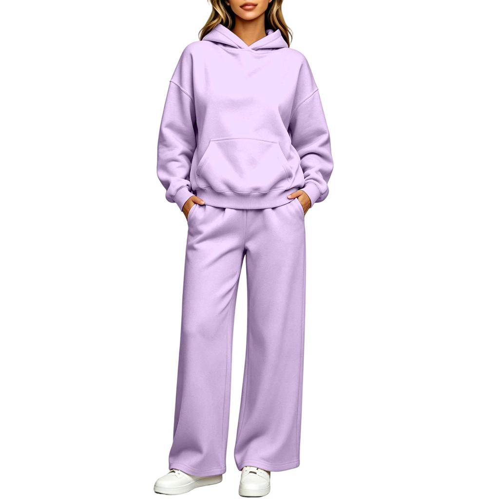 Ensemble assorti pantalon large à épaules tombantes doublé grande taille pour femme Survêtement décontracté athlétique pour l'automne l'hiver
